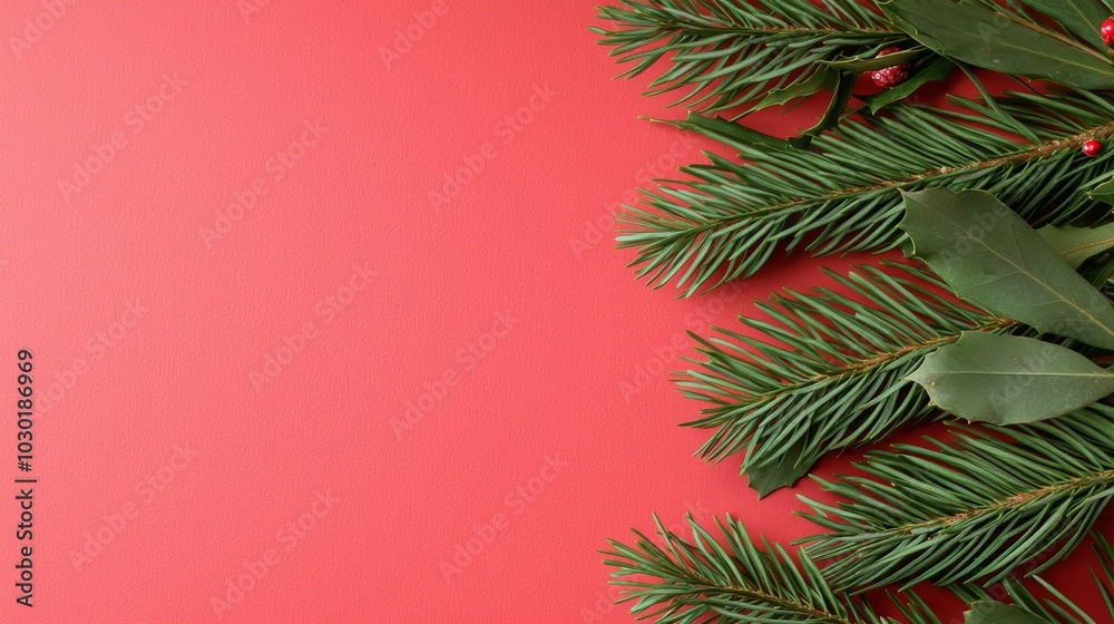Red background with fir branches for Christmas decorations. Red background with fir branches for Christmas decorations.