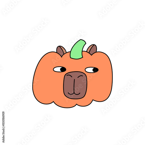 Capybara head in the form of a pumpkin vegetable. Design element on the theme of fairy tales and magic. Funny joke character for halloween