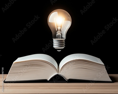 An open book with a glowing light bulb hovering above, symbolizing ideas and inspiration against a black background.