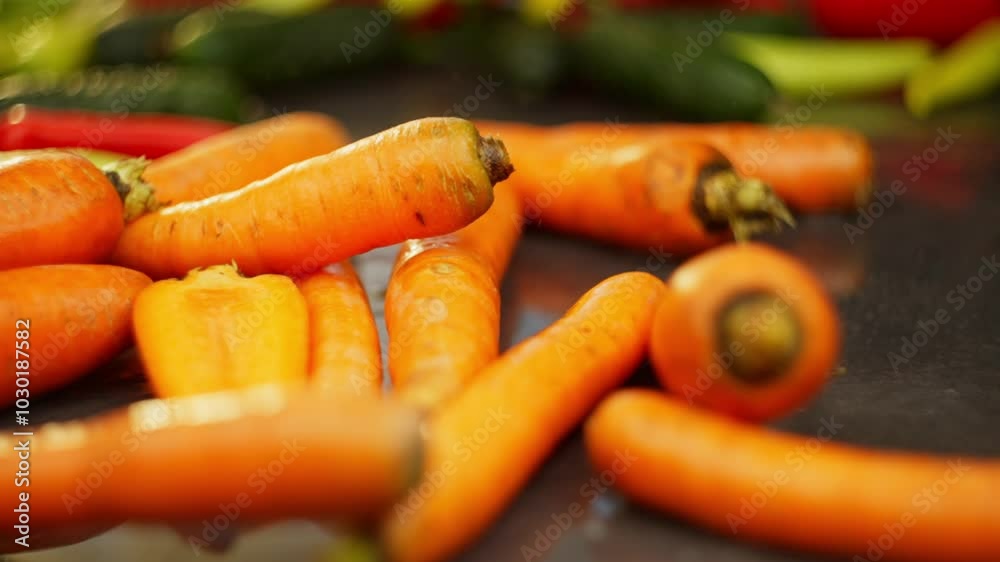 Background slow motion carrot on the table close-up. Fresh organic carrots for preparing food salads, agricultural cultivation of vegetables. High quality FullHD footage Background slow motion carrot on the table close-up. Fresh organic carrots for preparing food salads, agricultural cultivation of vegetables. High quality FullHD footage