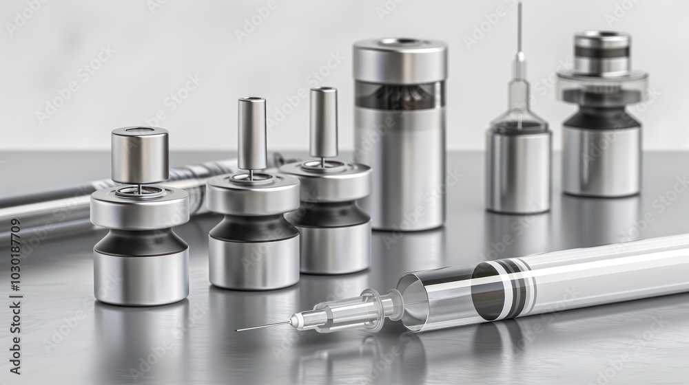 Medical vials, syringes, and needles on a metallic surface Medical vials, syringes, and needles on a metallic surface
