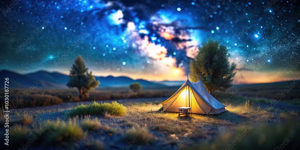 Tent in the Open Under a Starry Blue Night Sky – A Tilt-Shift Photography Perspective Capturing a Serene Outdoor Camping Experience, Ideal for Nature Lovers, Adventure Seekers, and Stargazers Tent in the Open Under a Starry Blue Night Sky – A Tilt-Shift Photography Perspective Capturing a Serene Outdoor Camping Experience, Ideal for Nature Lovers, Adventure Seekers, and Stargazers