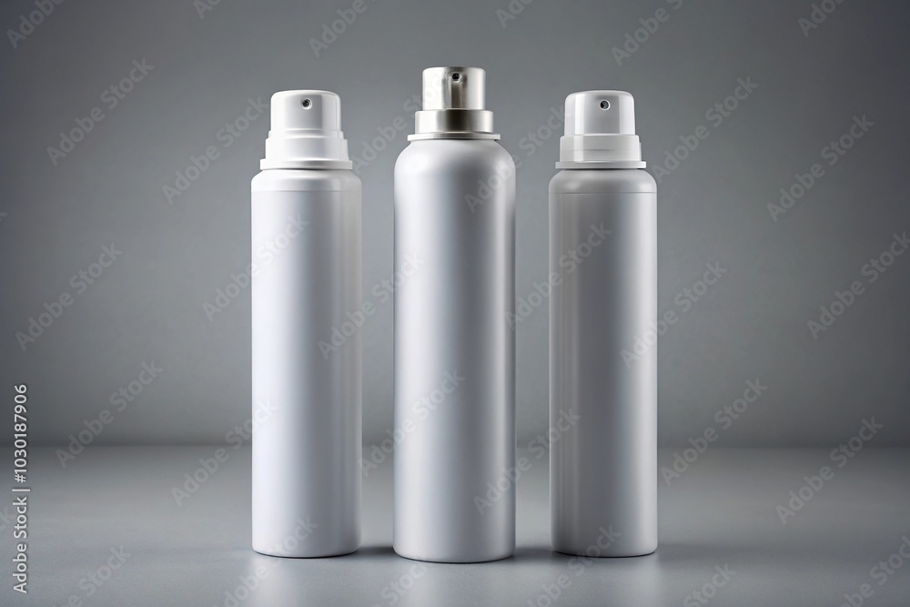 Mock up of three white aluminum deodorant or spray bottles on a grey background with forced perspective Mock up of three white aluminum deodorant or spray bottles on a grey background with forced perspective
