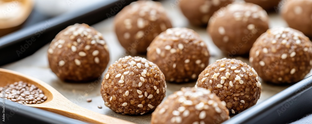 Delicious homemade energy balls made from oats and nuts, arranged on a baking tray, perfect for a healthy snack. Delicious homemade energy balls made from oats and nuts, arranged on a baking tray, perfect for a healthy snack.