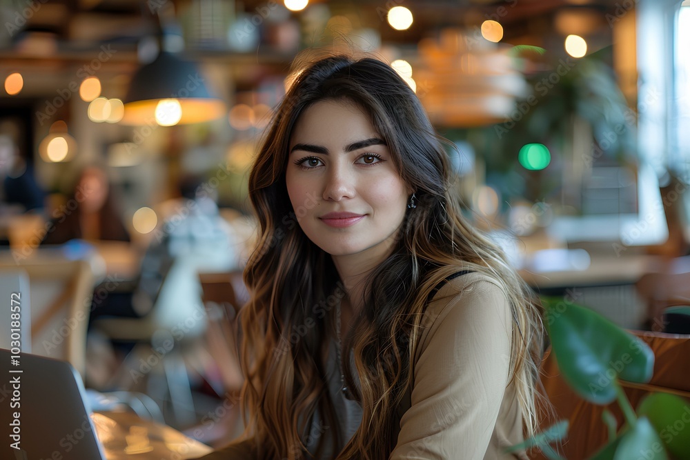 A woman sitting at a table with a laptop A woman sitting at a table with a laptop