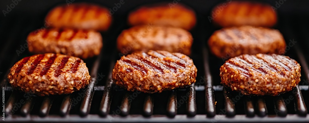 Grilled patties with perfect char marks, ready for a delicious meal. Grilled patties with perfect char marks, ready for a delicious meal.