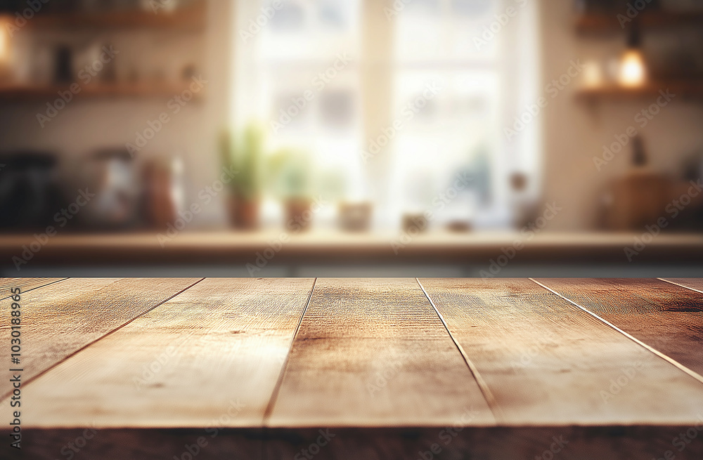A beautiful, empty wooden tabletop counter in a clean and bright kitchen background, ready for a product display mockup A beautiful, empty wooden tabletop counter in a clean and bright kitchen background, ready for a product display mockup