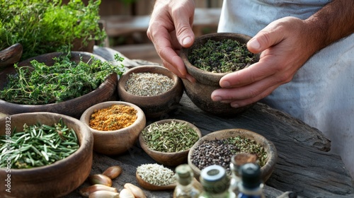 Hands mixing fresh herbs and natural ingredients for a homemade remedy, showcasing the process of crafting traditional healing solutions with care and attention.