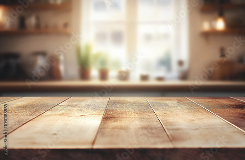 A beautiful, empty wooden tabletop counter in a clean and bright kitchen background, ready for a product display mockup