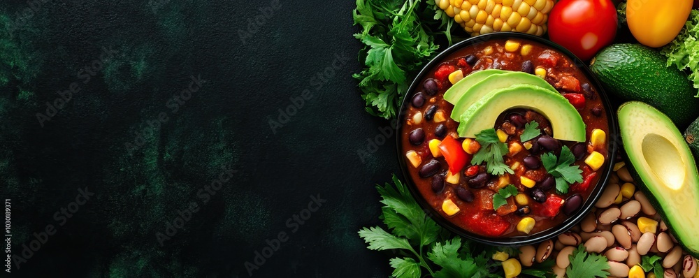 Vibrant and colorful salad with fresh vegetables, beans, and herbs on a dark background, perfect for healthy eating concepts. Vibrant and colorful salad with fresh vegetables, beans, and herbs on a dark background, perfect for healthy eating concepts.