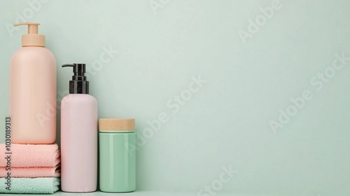 Stylish skincare bottles and towels on a mint green background, perfect for beauty and wellness concepts.