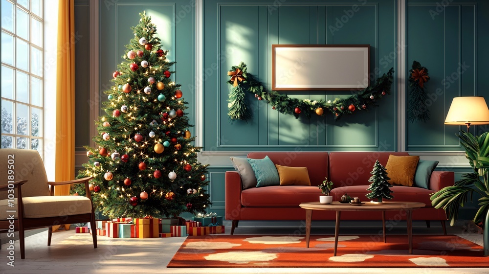 Festive living room decorated for christmas with a beautiful tree surrounded by gifts and cozy furniture in winter light Festive living room decorated for christmas with a beautiful tree surrounded by gifts and cozy furniture in winter light