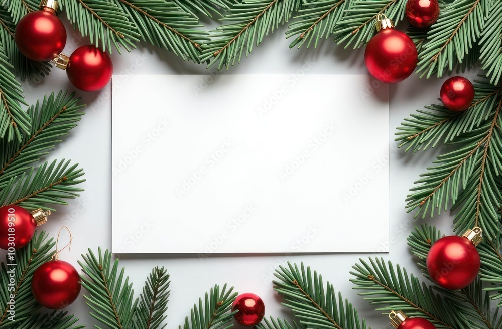 Blank of paper business card with copy space decorated with Christmas fir tree branches and red New Year balls. Festive certificate. Greeting invitation mockup design. Holiday postcard. Xmas template Blank of paper business card with copy space decorated with Christmas fir tree branches and red New Year balls. Festive certificate. Greeting invitation mockup design. Holiday postcard. Xmas template