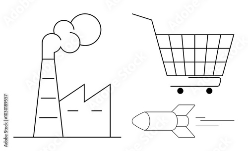 Factory with smoke, shopping cart and rocket symbolizing manufacturing, retail shopping, and fast delivery. Ideal for business logistics, e-commerce, industry growth, rapid transit, and economy