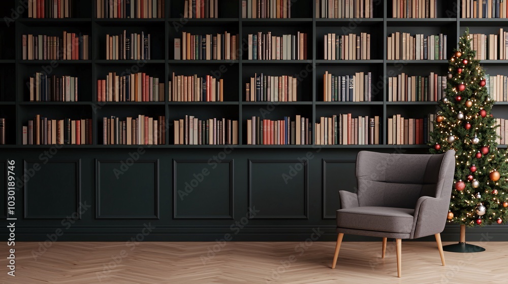 Cozy reading nook with bookshelves and christmas tree decor for a warm atmosphere and comforting ambiance Cozy reading nook with bookshelves and christmas tree decor for a warm atmosphere and comforting ambiance