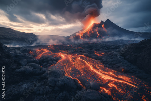 Iceland, volcano erupting in the distance, lava pouring down from mountain side, smoke and ash floating up into sky, red glow of hot lava on ground photo