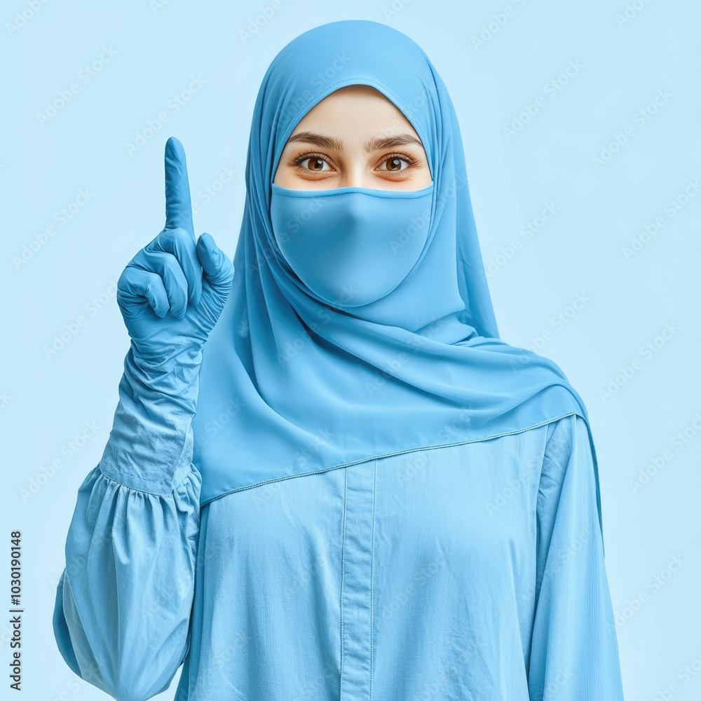 Muslim doctor wearing surgical mask pointing up with finger Muslim doctor wearing surgical mask pointing up with finger