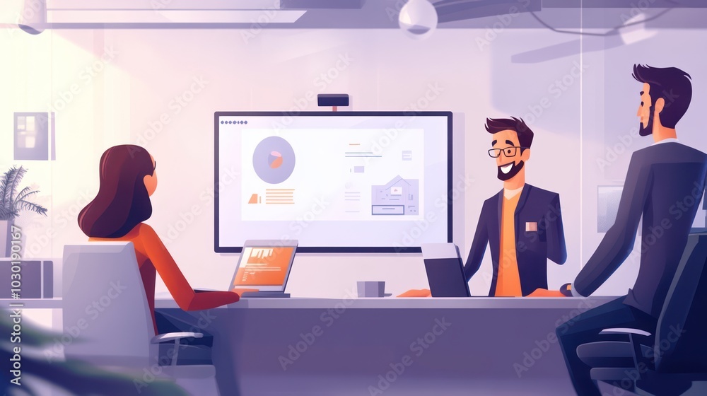 Employees working together on a presentation in a high-tech office space