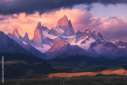 Photograph of the peaks in Torres del Paine National Park, Chile at sunrise. Beautiful mountains with sharp granite cliffs