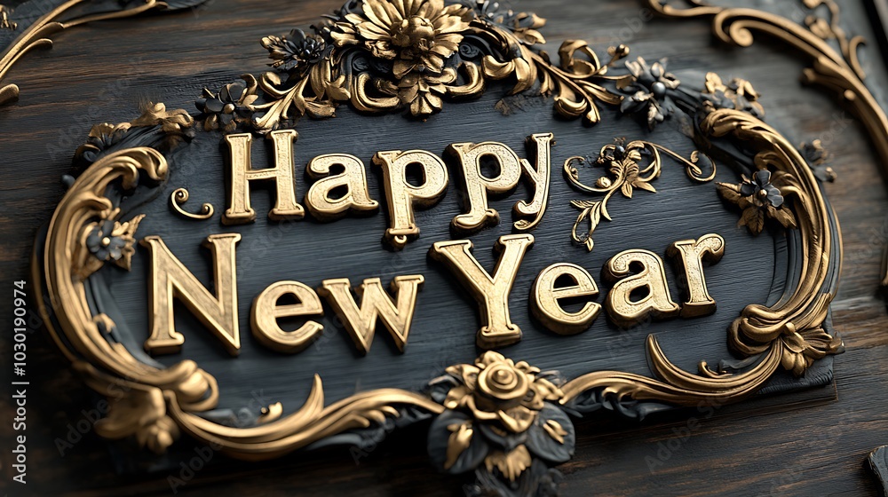 Happy New Year written in a bold Victorian-style typeface with elegant flourishes, gold and black colors, faded textures for a worn look, set against a dark wood-grain background,