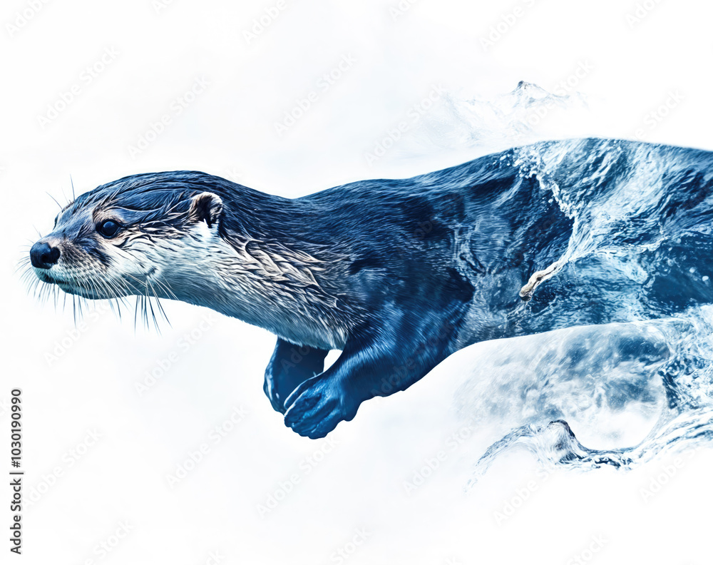 Naklejka premium North american river otter swimming in clean water