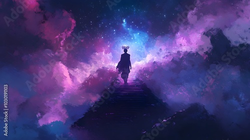 Silhouette of Person Walking Towards the Light in a Starry Sky