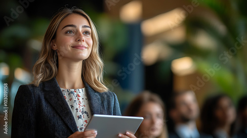 A woman is smiling and holding a tablet