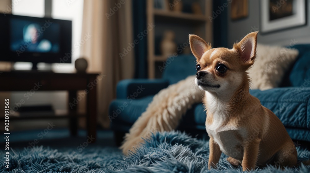 A small, tan and white chihuahua dog sits on a blue rug in a living room, looking to the side. A small, tan and white chihuahua dog sits on a blue rug in a living room, looking to the side.