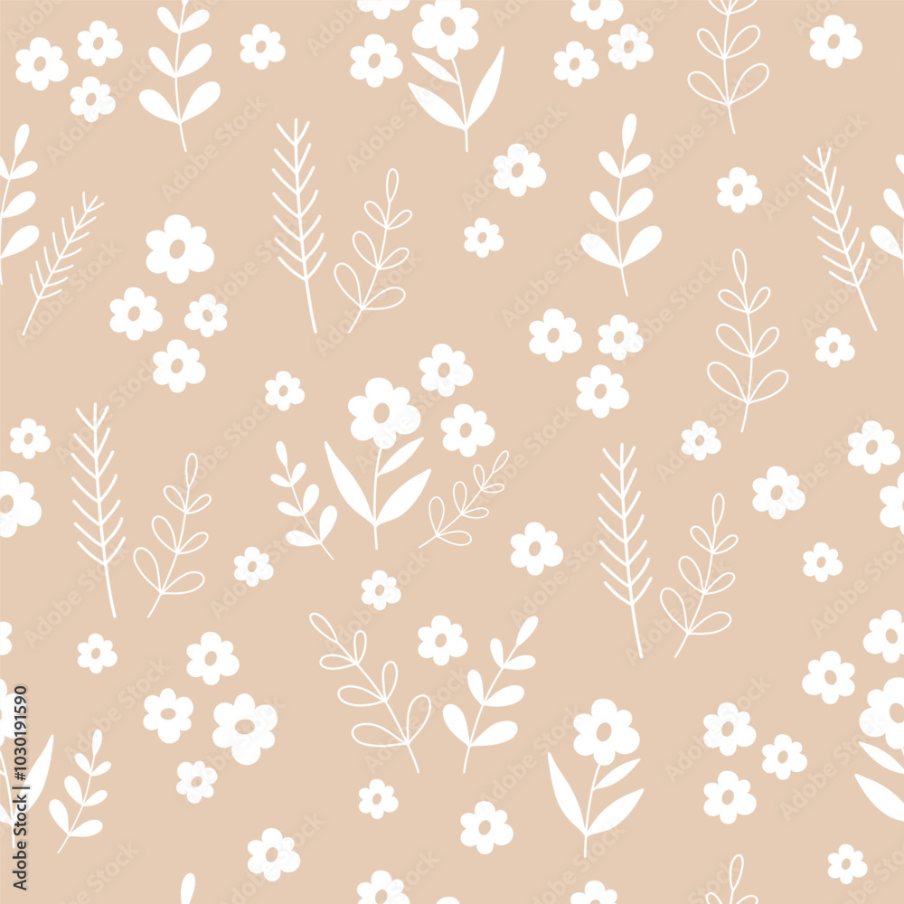 Fototapeta premium Seamless pattern with white flowers on Cream color background. Hand drawn floral pattern for your fabric, summer background, wallpaper, backdrop, textile, Dixie style.