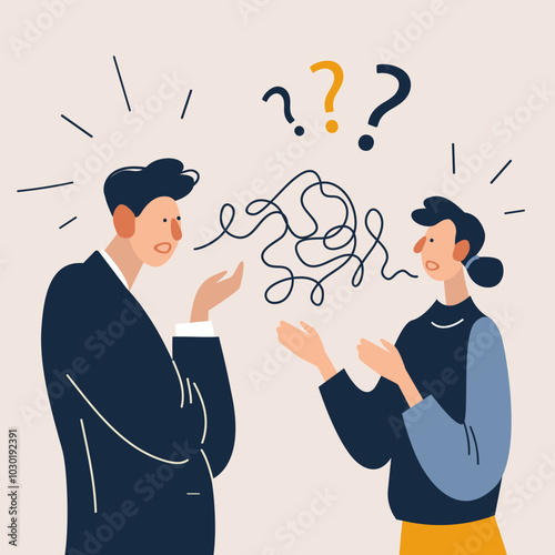 Problems in communication of couple concept. Frustrated young man and woman standing with thorn thread between them having troubles with understanding each other.