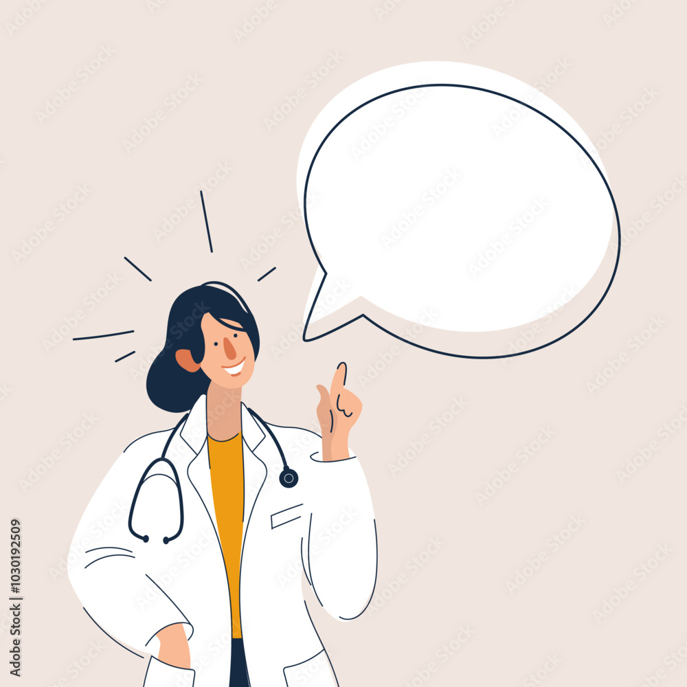 Young smiling woman doctor therapist in white uniform cartoon character standing and points her finger at bubble speech above her. Doctor, medicine, healthcare concept. Vector illustration. Young smiling woman doctor therapist in white uniform cartoon character standing and points her finger at bubble speech above her. Doctor, medicine, healthcare concept. Vector illustration.