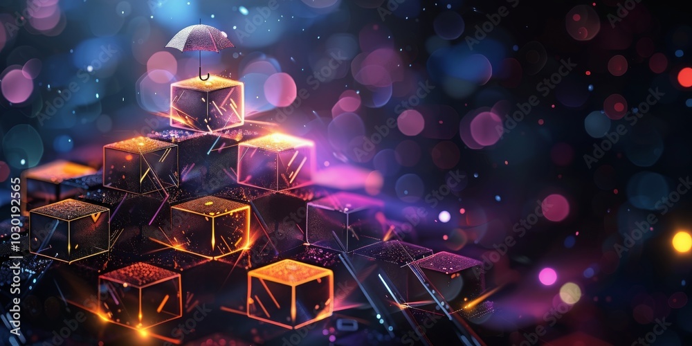 Colorful illuminated blocks with an umbrella on top create a magical atmosphere at night Colorful illuminated blocks with an umbrella on top create a magical atmosphere at night
