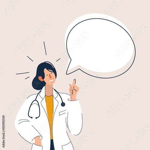 Young smiling woman doctor therapist in white uniform cartoon character standing and points her finger at bubble speech above her. Doctor, medicine, healthcare concept. Vector illustration.