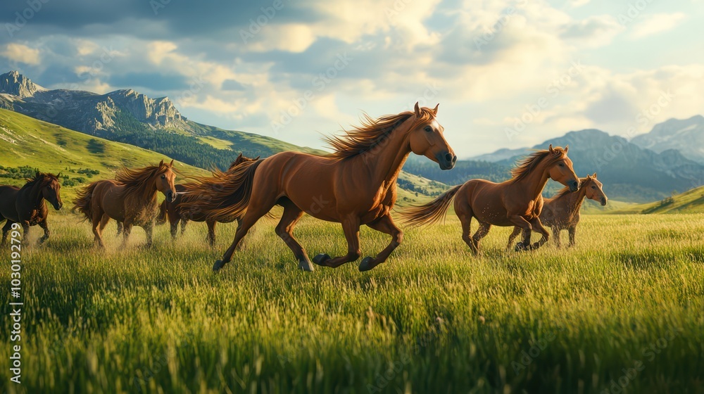 Horses running across a grassy field with mountains in the background Horses running across a grassy field with mountains in the background
