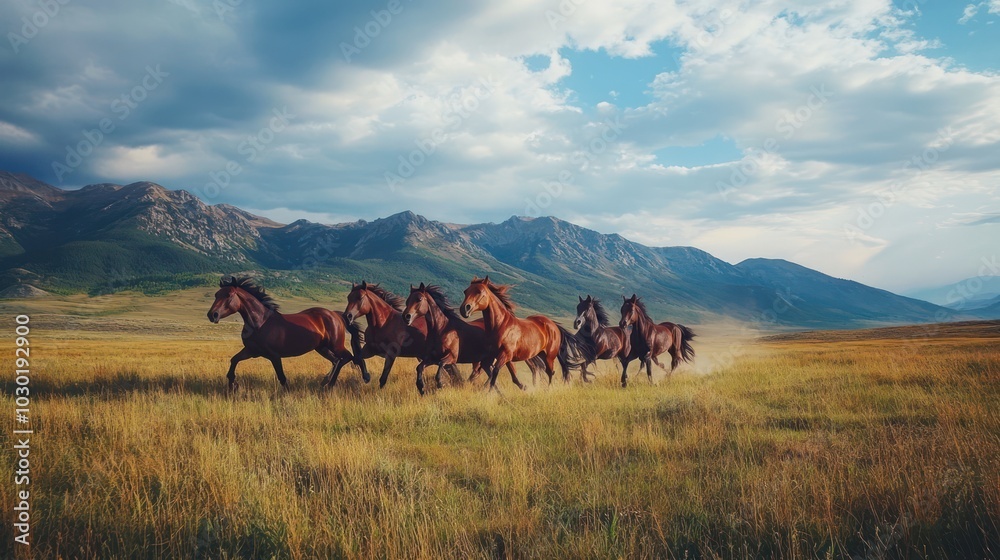 Horses running across a grassy field with mountains in the background Horses running across a grassy field with mountains in the background