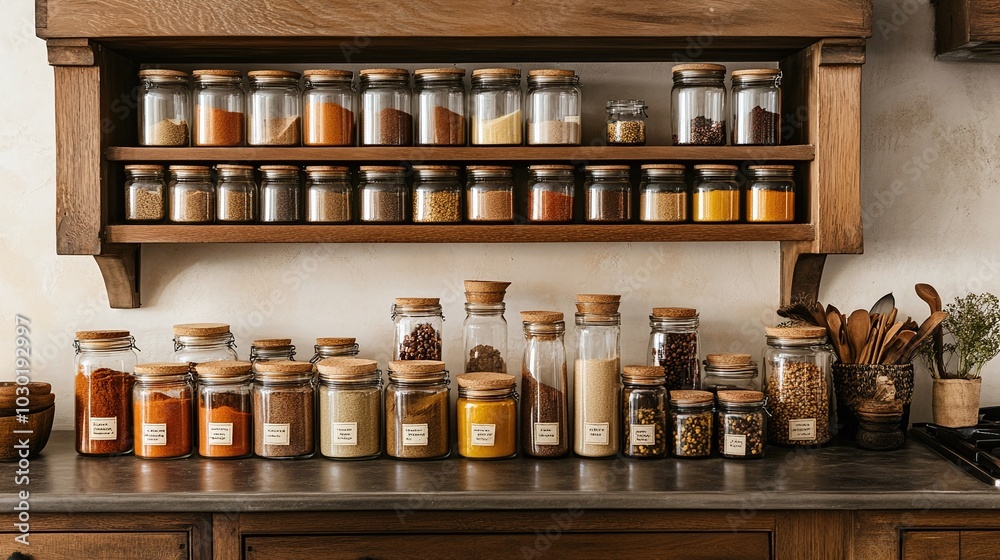 A beautifully styled spice rack in an Indian kitchen, filled with labeled jars of traditional spices A beautifully styled spice rack in an Indian kitchen, filled with labeled jars of traditional spices