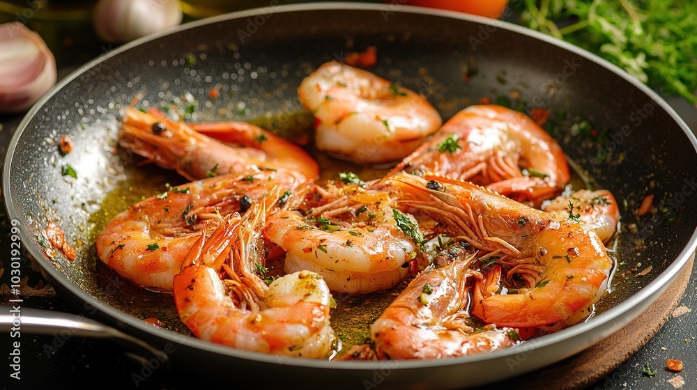 large prawns fried in a pan in olive oil with garlic and herbs. large prawns fried in a pan in olive oil with garlic and herbs.
