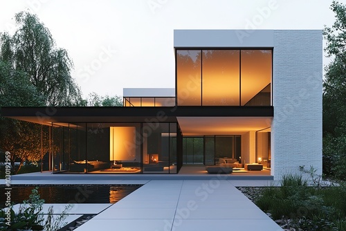 A modern house with glass and white brick, featuring minimalist architecture, captured in the evening light