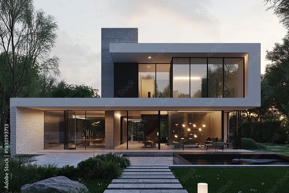 A modern house with glass and white brick, featuring minimalist architecture, captured in the evening light