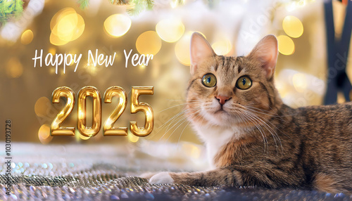 Cute tabby cat lying down with golden 2025 numbers in the foreground and a festive background with bokeh