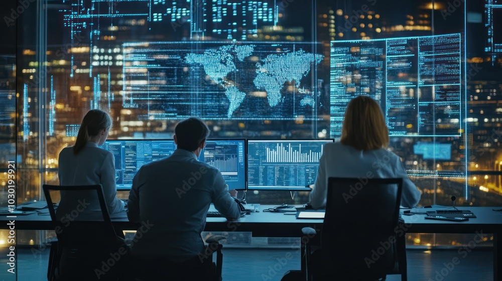 IT team discussing software updates in a high-tech corporate office IT team discussing software updates in a high-tech corporate office