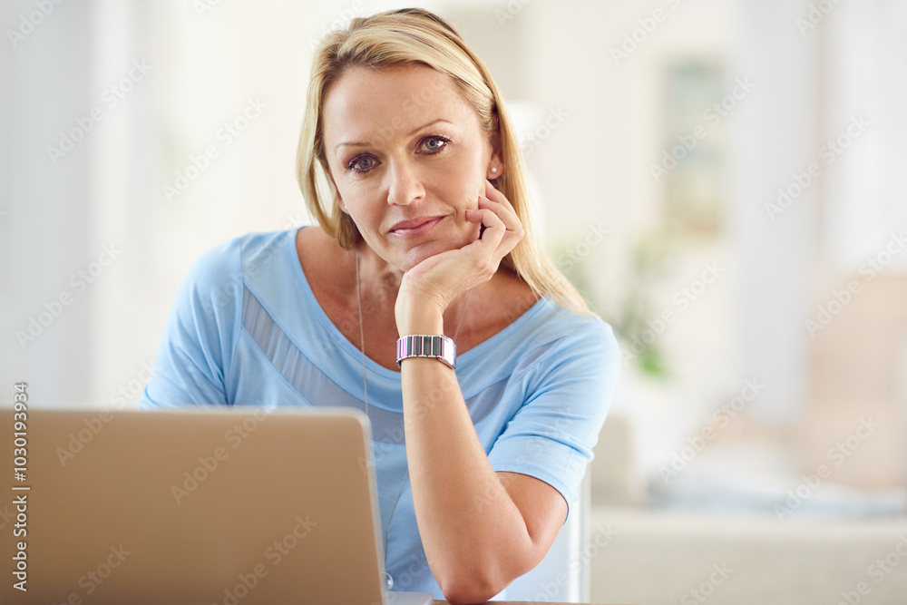 Home, mature woman thinking and portrait with laptop for digital budget, research and financial information. House, female person and solution with technology for retirement plan, investing and web