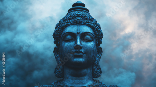 A majestic statue of Buddha, surrounded by serene fog, representing peace and spirituality. The deep blue tones evoke tranquility and contemplation, ideal for meditation themes. photo