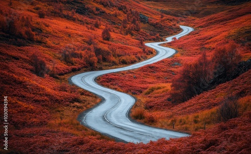 Winding road through vibrant autumn foliage in a mountainous region during su...