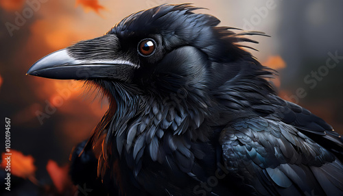 Majestic raven is posing on a branch with its sleek black feathers glistening in the soft light of the setting sun