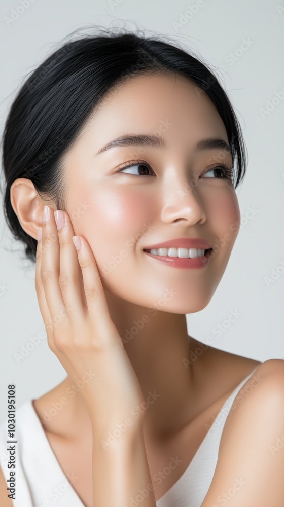 Close-up of a smiling woman gently touching her face, showcasing clear skin and natural beauty in a serene setting. Close-up of a smiling woman gently touching her face, showcasing clear skin and natural beauty in a serene setting.