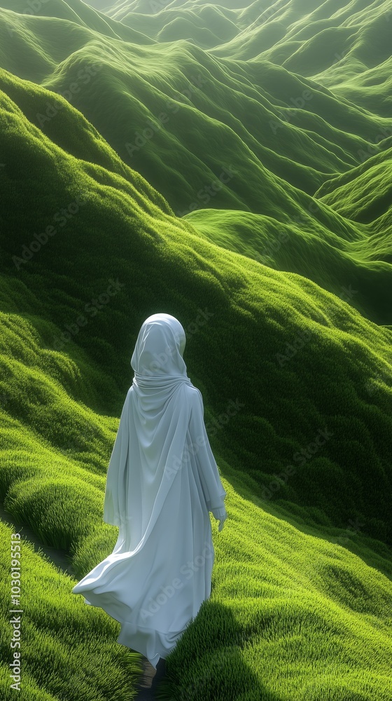 A lone person draped in white clothing explores serene, lush green hills, evoking themes of tranquility and solitude. A lone person draped in white clothing explores serene, lush green hills, evoking themes of tranquility and solitude.