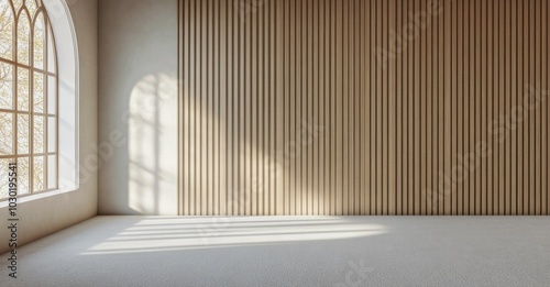 Bright, modern interior with wooden accents and archway in a spacious room du...