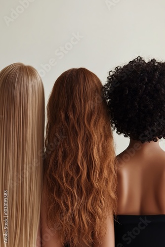 Back view of three women with different hair types?straight blonde, wavy red, and curly black?highlighting diversity. photo