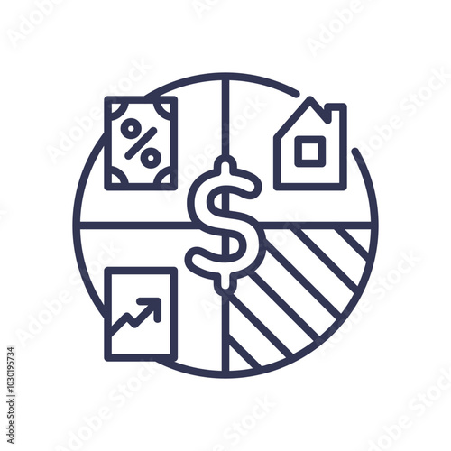 Icons of money, house, graph, and percentage symbolize financial diversification.